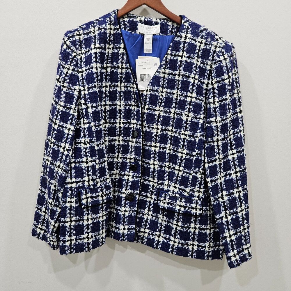 Elisabeth Liz Clairborne Womens Tweed Blazer Size 18P Blue Business Professional